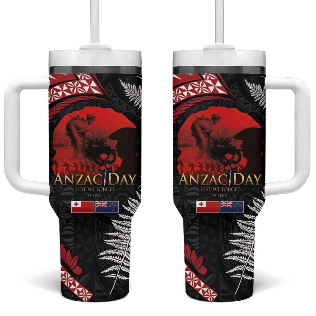 Tonga and New Zealand ANZAC Day Tumbler With Handle Gallipoli Lest We Forget-Ngatu Art Tribal and Maori Tattoo with Fern LT03 One Size: 40 oz Black - Polynesian Pride