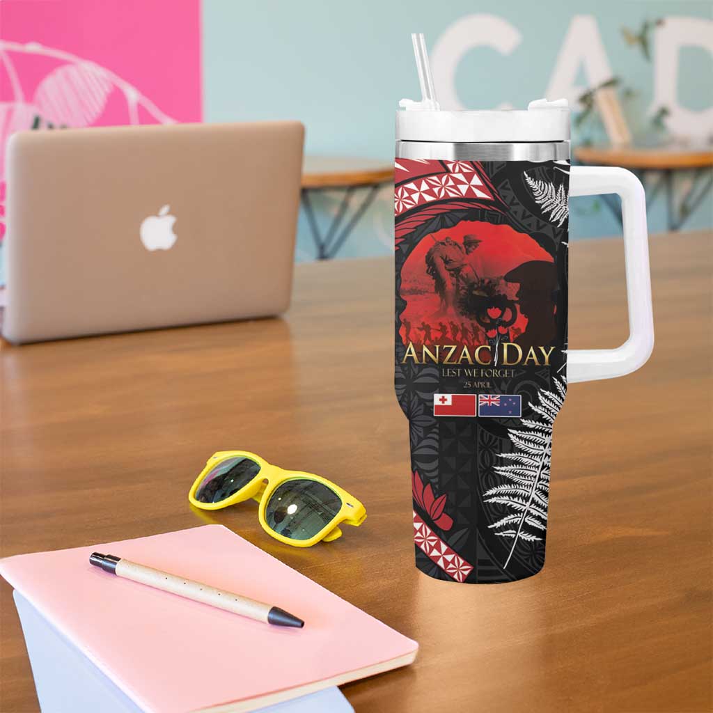 Tonga and New Zealand ANZAC Day Tumbler With Handle Gallipoli Lest We Forget-Ngatu Art Tribal and Maori Tattoo with Fern LT03 - Polynesian Pride