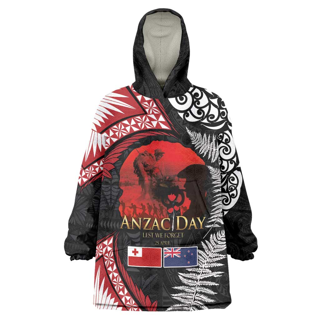 Tonga and New Zealand ANZAC Day Wearable Blanket Hoodie Gallipoli Lest We Forget Ngatu Art Tribal and Maori Tattoo with Fern LT03 One Size Black - Polynesian Pride