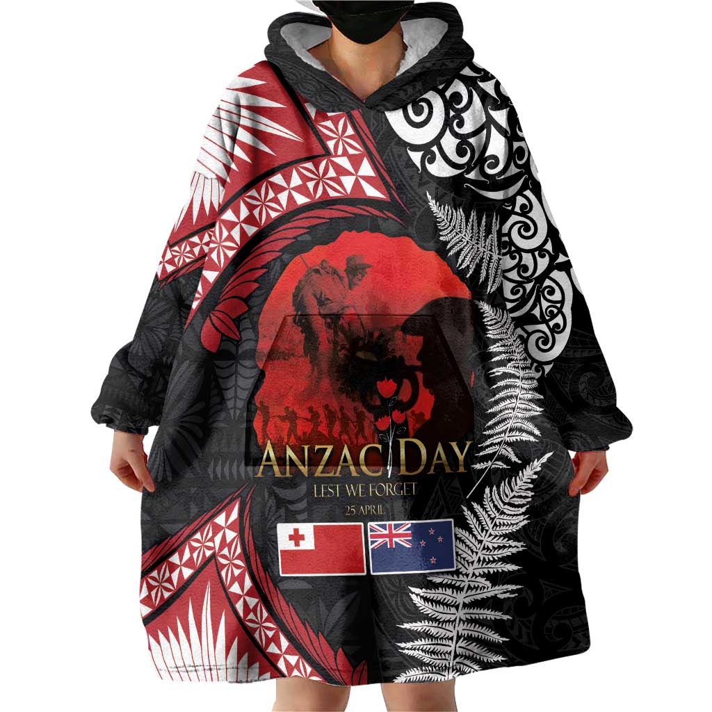 Tonga and New Zealand ANZAC Day Wearable Blanket Hoodie Gallipoli Lest We Forget Ngatu Art Tribal and Maori Tattoo with Fern LT03 - Polynesian Pride