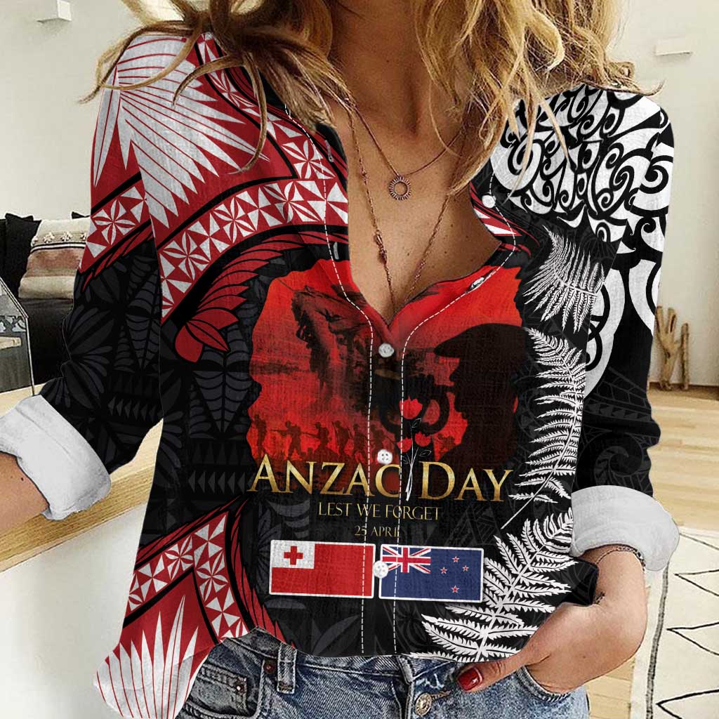 Tonga and New Zealand ANZAC Day Women Casual Shirt Gallipoli Lest We Forget Ngatu Art Tribal and Maori Tattoo with Fern LT03 Female Black - Polynesian Pride