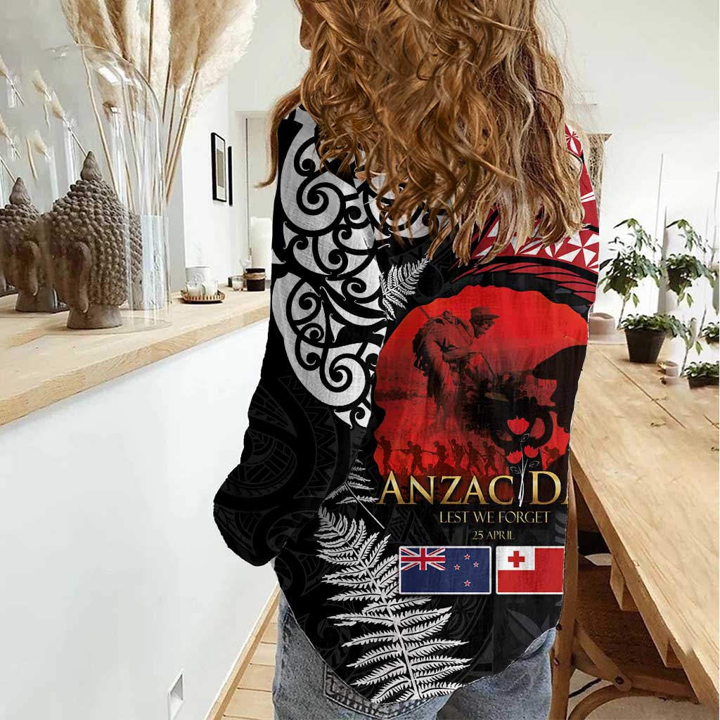 Tonga and New Zealand ANZAC Day Women Casual Shirt Gallipoli Lest We Forget Ngatu Art Tribal and Maori Tattoo with Fern LT03 - Polynesian Pride