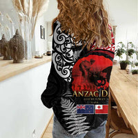 Tonga and New Zealand ANZAC Day Women Casual Shirt Gallipoli Lest We Forget Ngatu Art Tribal and Maori Tattoo with Fern LT03 - Polynesian Pride