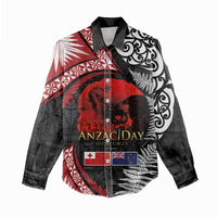 Tonga and New Zealand ANZAC Day Women Casual Shirt Gallipoli Lest We Forget Ngatu Art Tribal and Maori Tattoo with Fern LT03 - Polynesian Pride