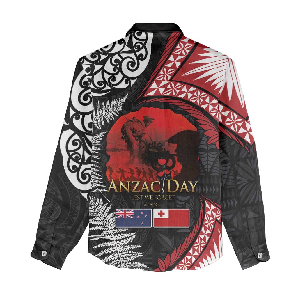 Tonga and New Zealand ANZAC Day Women Casual Shirt Gallipoli Lest We Forget Ngatu Art Tribal and Maori Tattoo with Fern LT03 - Polynesian Pride