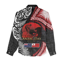 Tonga and New Zealand ANZAC Day Women Casual Shirt Gallipoli Lest We Forget Ngatu Art Tribal and Maori Tattoo with Fern LT03 - Polynesian Pride