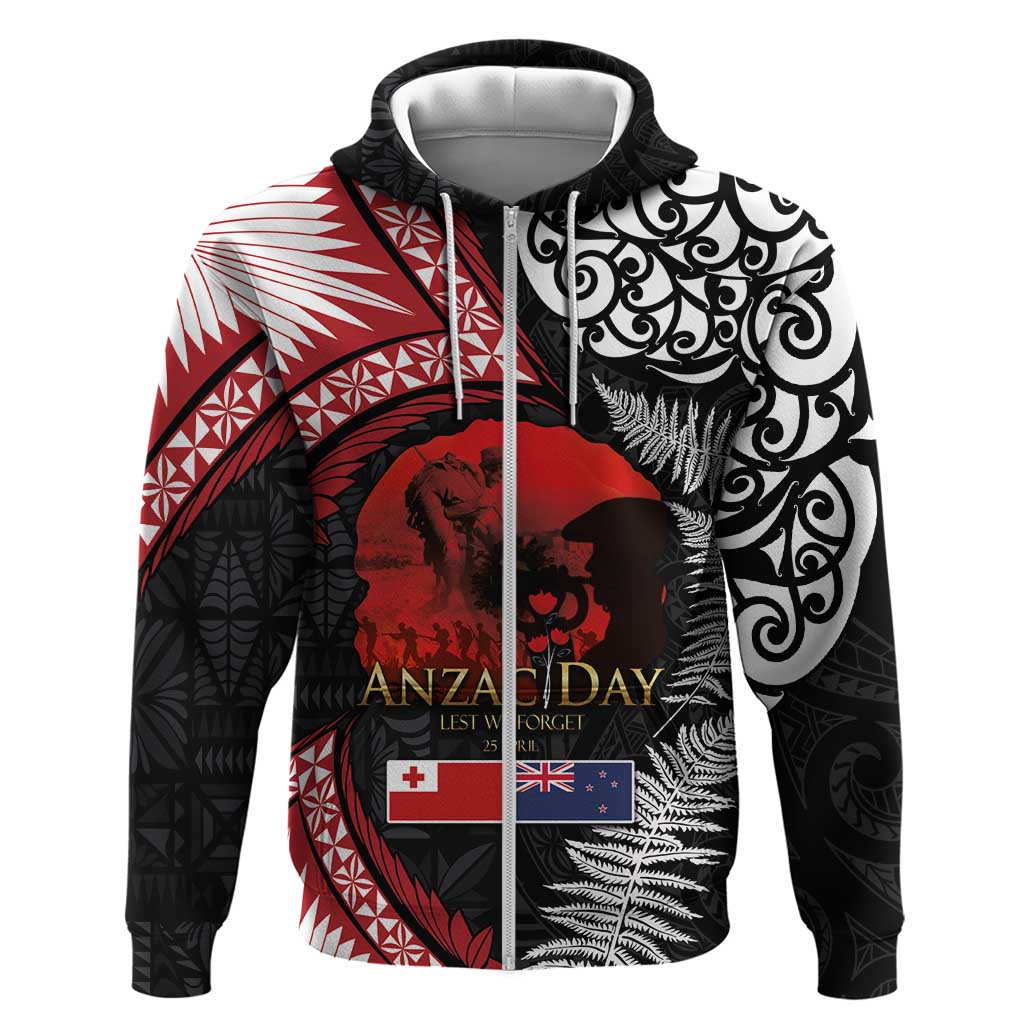Tonga and New Zealand ANZAC Day Zip Hoodie Gallipoli Lest We Forget Ngatu Art Tribal and Maori Tattoo with Fern LT03