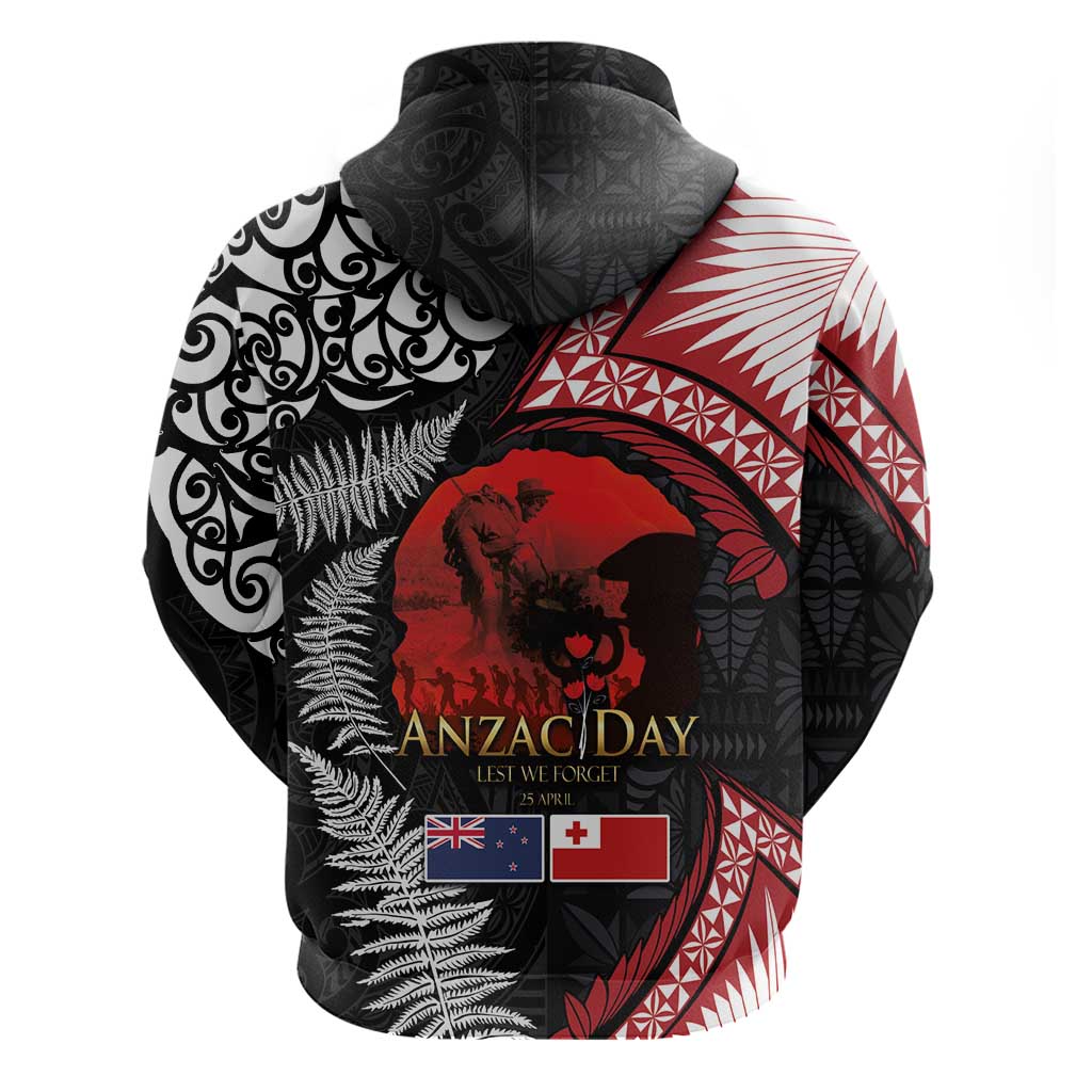 Tonga and New Zealand ANZAC Day Zip Hoodie Gallipoli Lest We Forget Ngatu Art Tribal and Maori Tattoo with Fern LT03 - Polynesian Pride
