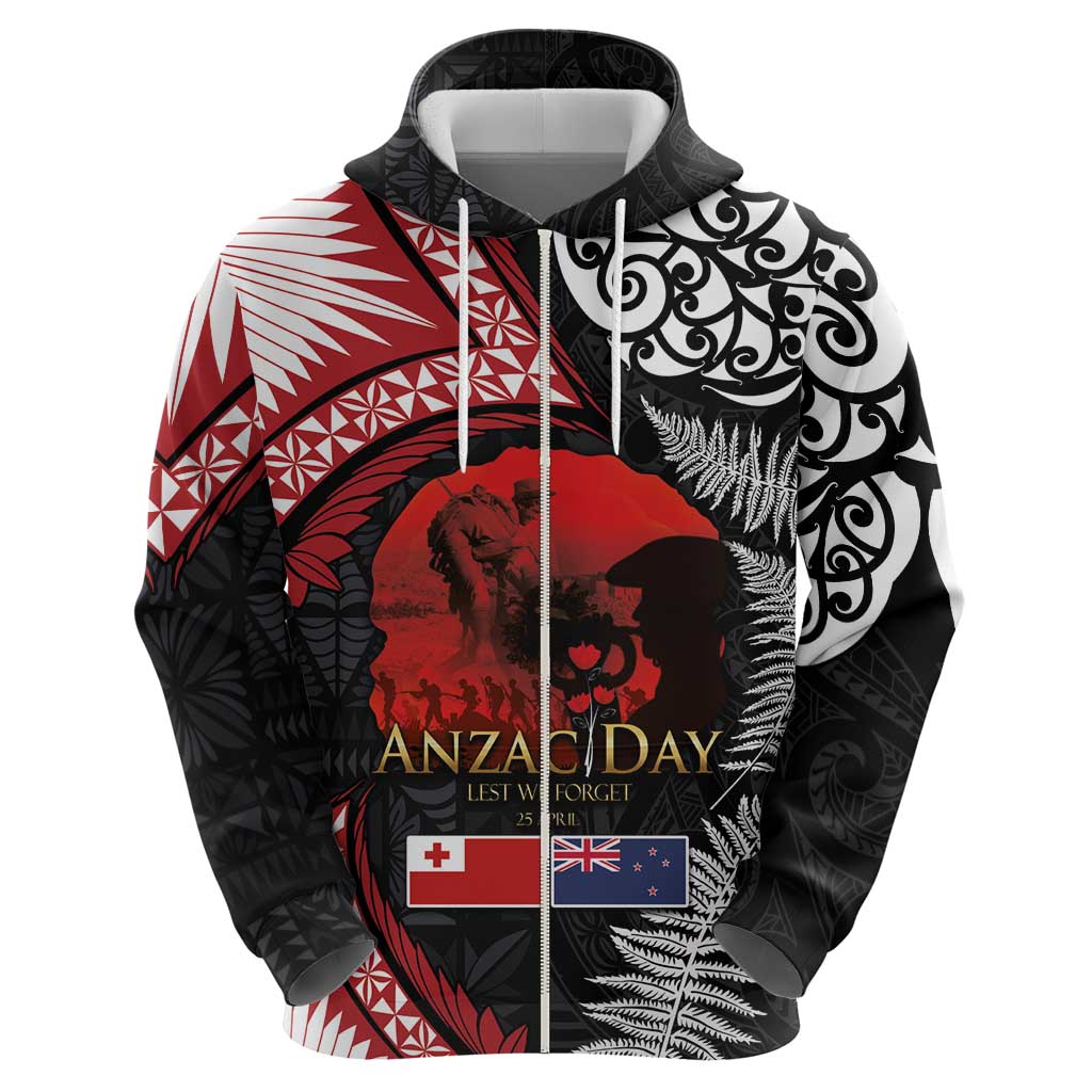 Tonga and New Zealand ANZAC Day Zip Hoodie Gallipoli Lest We Forget Ngatu Art Tribal and Maori Tattoo with Fern LT03 - Polynesian Pride