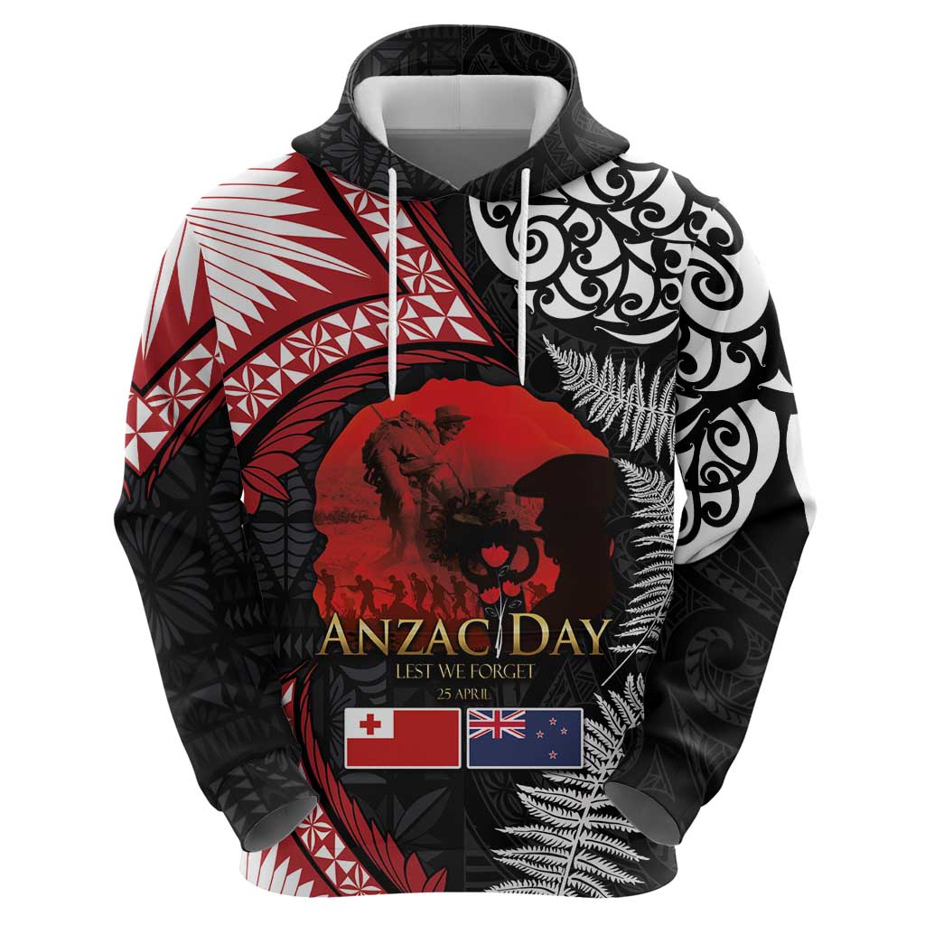 Tonga and New Zealand ANZAC Day Zip Hoodie Gallipoli Lest We Forget Ngatu Art Tribal and Maori Tattoo with Fern LT03 - Polynesian Pride