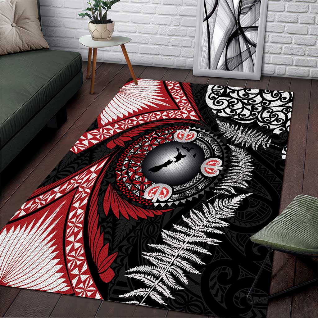 Tonga and New Zealand Together Area Rug Ngatu Art Tribal Maori Tattoo and Silver Fern LT03 Black - Polynesian Pride