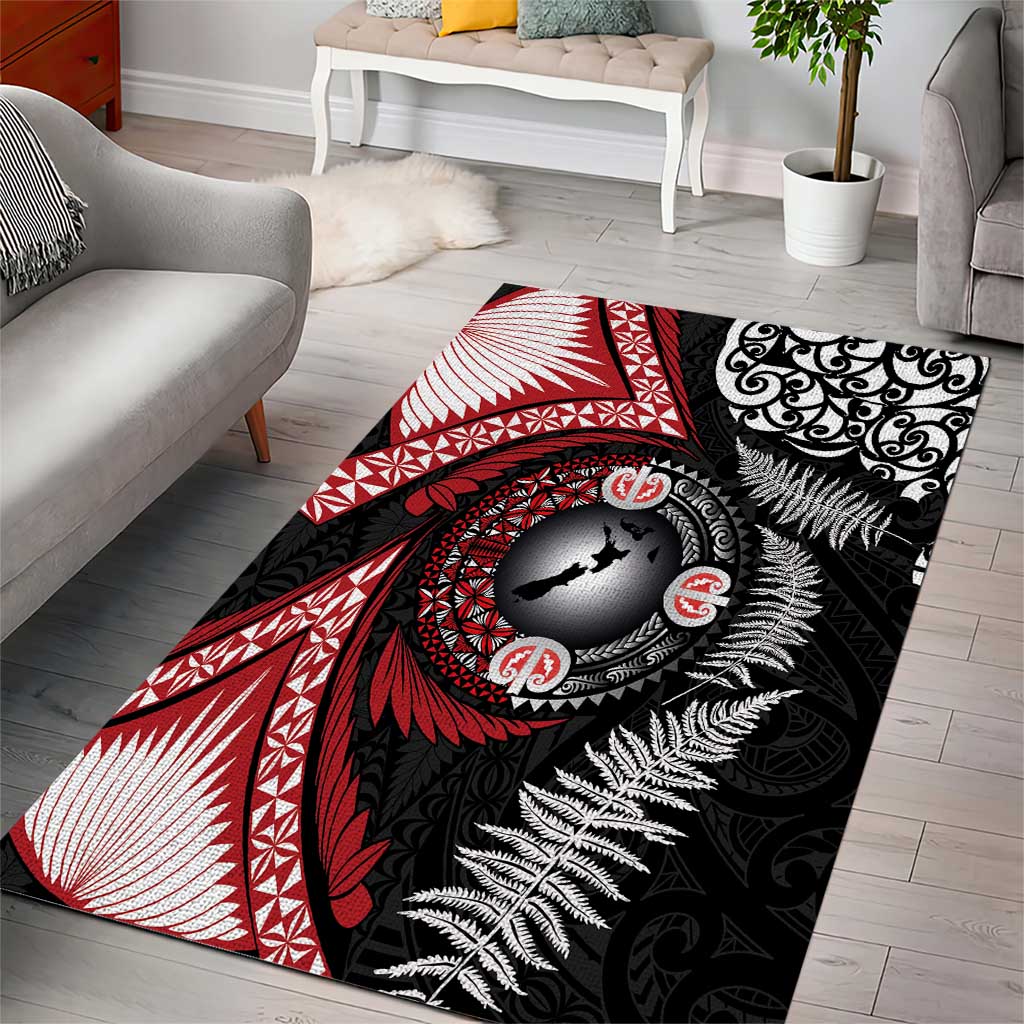 Tonga and New Zealand Together Area Rug Ngatu Art Tribal Maori Tattoo and Silver Fern LT03 - Polynesian Pride