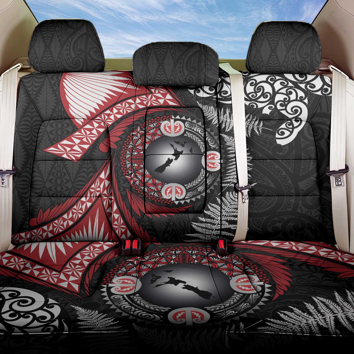 Tonga and New Zealand Together Back Car Seat Cover Ngatu Art Tribal Maori Tattoo and Silver Fern LT03 One Size Black - Polynesian Pride