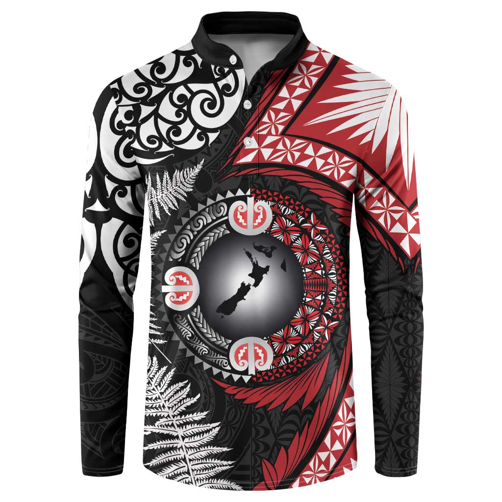 Tonga and New Zealand Together Button Sweatshirt Ngatu Art Tribal Maori Tattoo and Silver Fern