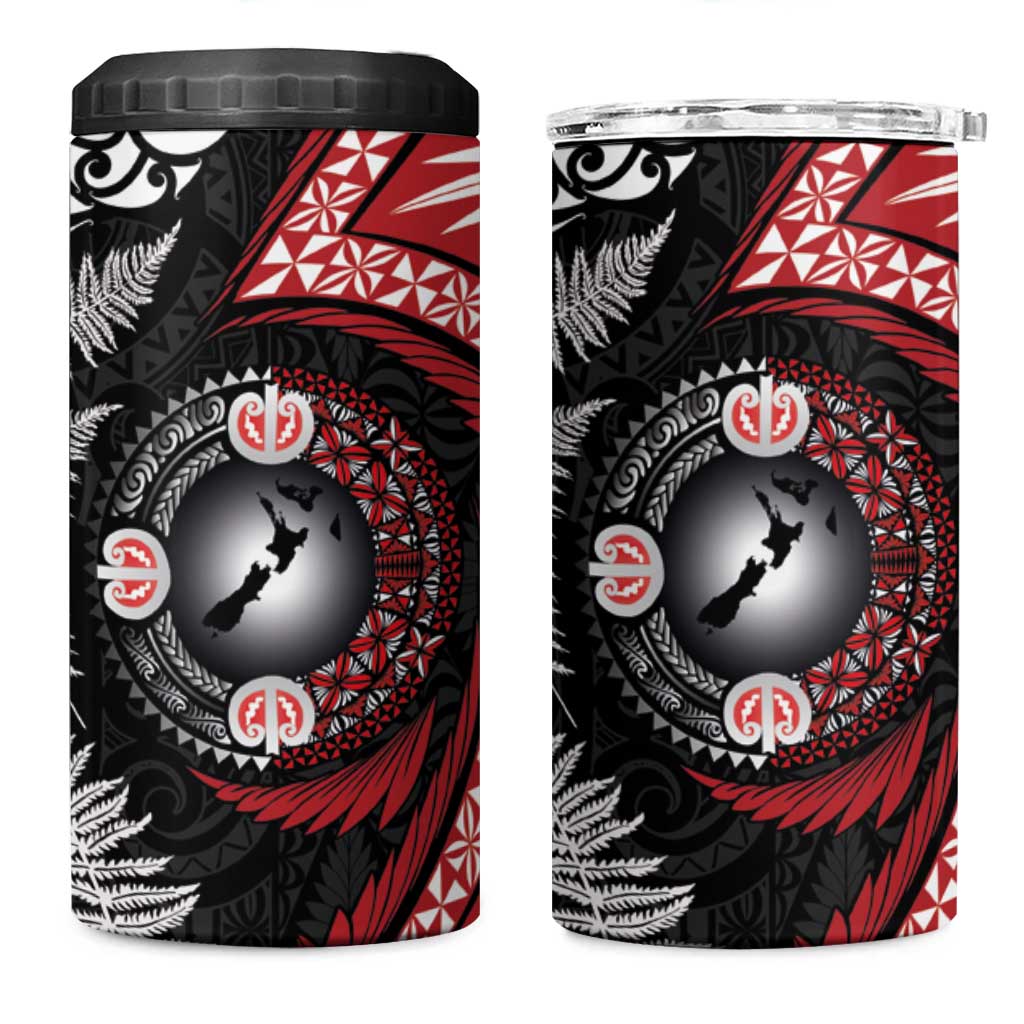 Tonga and New Zealand Together 4 in 1 Can Cooler Tumbler Ngatu Art Tribal-Maori Tattoo and Silver Fern