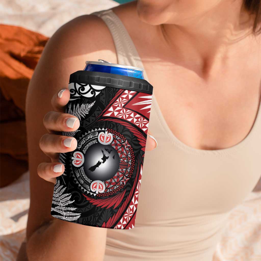 Tonga and New Zealand Together 4 in 1 Can Cooler Tumbler Ngatu Art Tribal-Maori Tattoo and Silver Fern