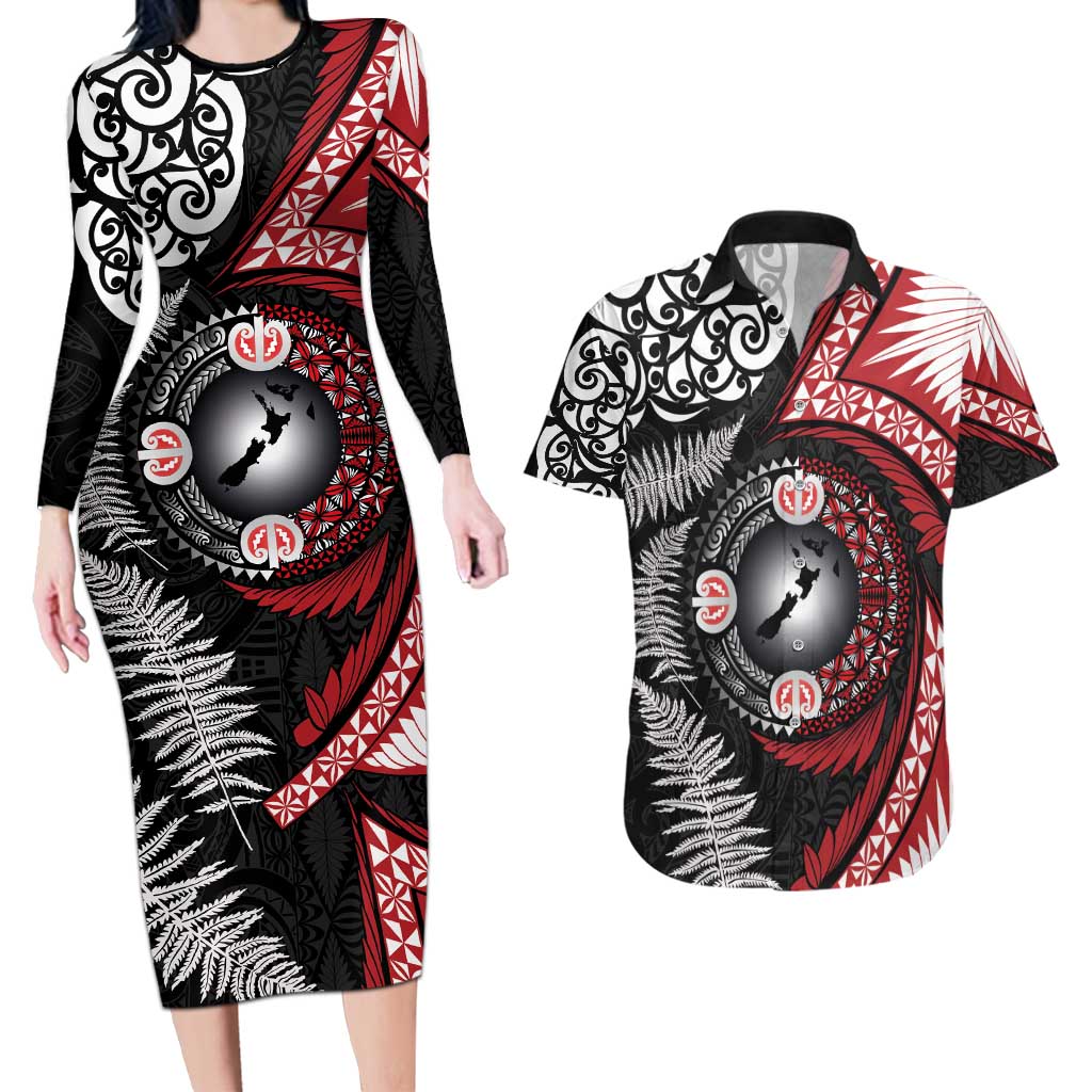 Tonga and New Zealand Together Couples Matching Long Sleeve Bodycon Dress and Hawaiian Shirt Ngatu Art Tribal Maori Tattoo and Silver Fern LT03 Black - Polynesian Pride