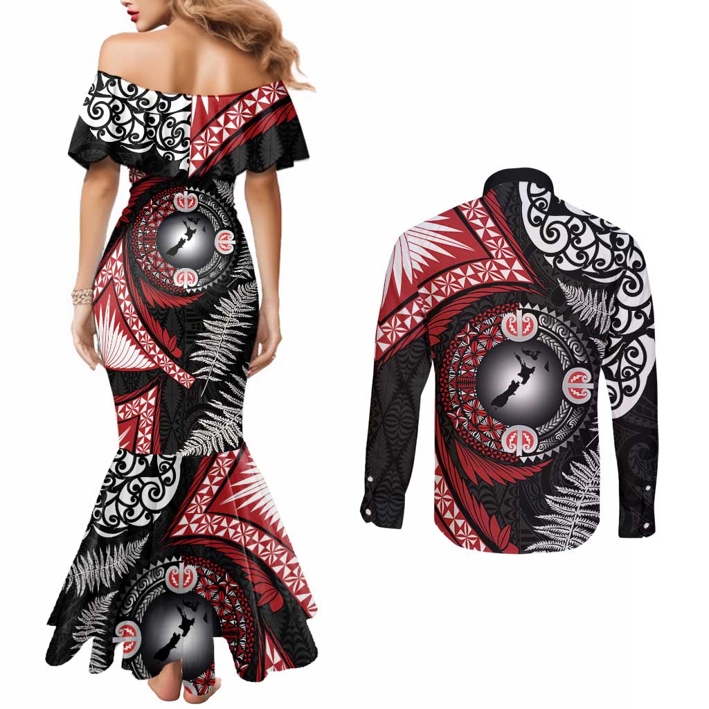 Tonga and New Zealand Together Couples Matching Mermaid Dress and Long Sleeve Button Shirt Ngatu Art Tribal Maori Tattoo and Silver Fern LT03 - Polynesian Pride