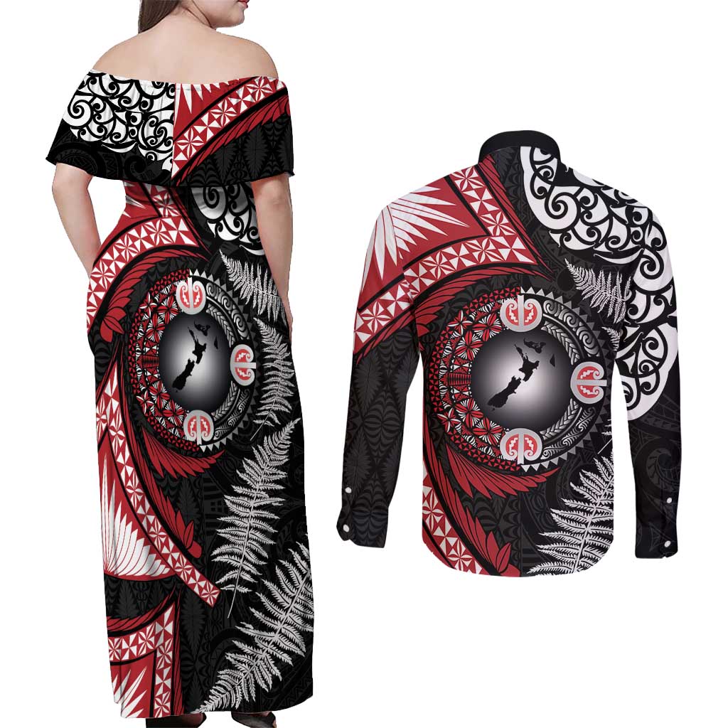 Tonga and New Zealand Together Couples Matching Off Shoulder Maxi Dress and Long Sleeve Button Shirt Ngatu Art Tribal Maori Tattoo and Silver Fern LT03 - Polynesian Pride