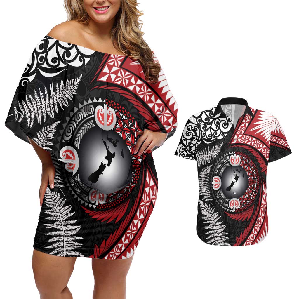 Tonga and New Zealand Together Couples Matching Off Shoulder Short Dress and Hawaiian Shirt Ngatu Art Tribal Maori Tattoo and Silver Fern LT03 Black - Polynesian Pride