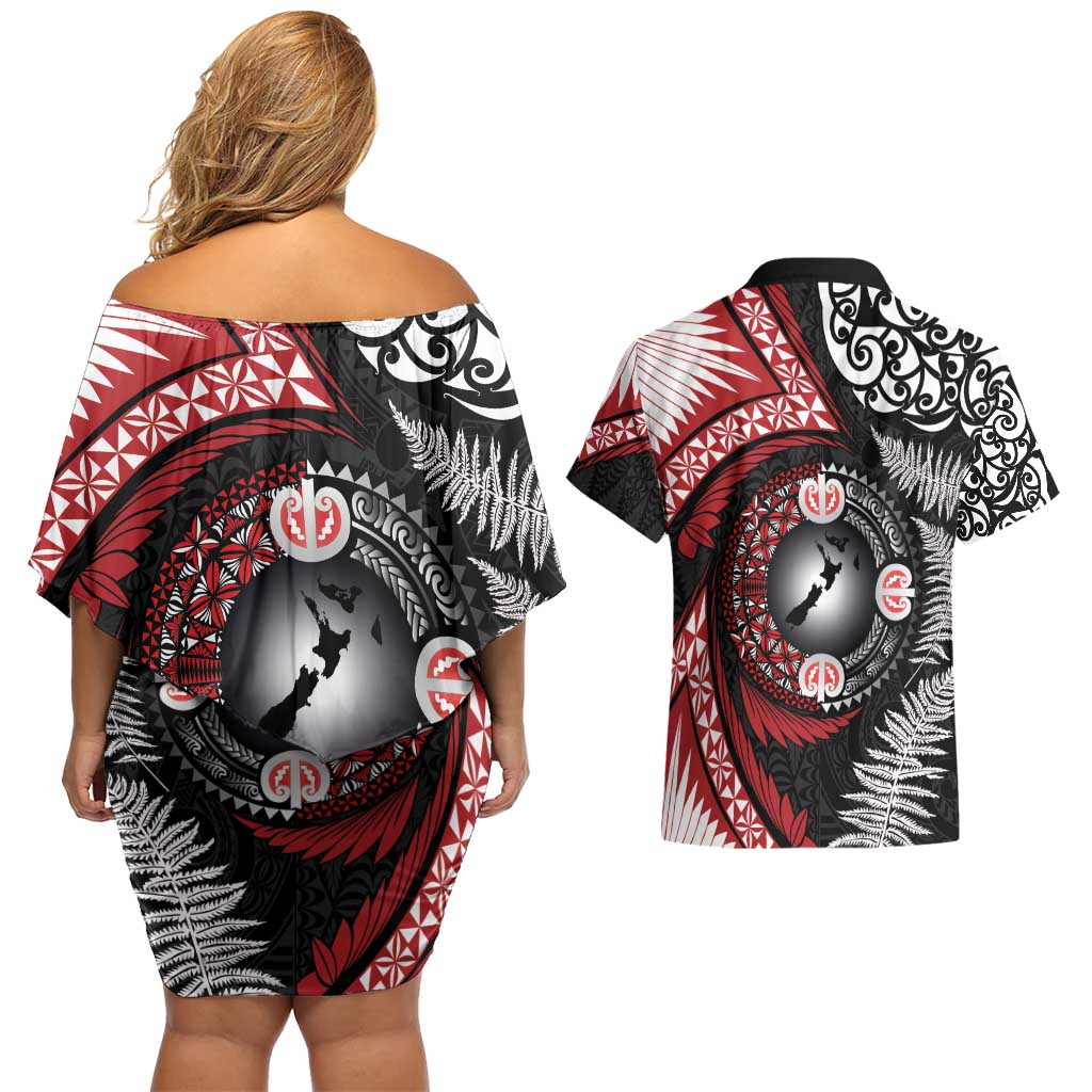 Tonga and New Zealand Together Couples Matching Off Shoulder Short Dress and Hawaiian Shirt Ngatu Art Tribal Maori Tattoo and Silver Fern LT03 - Polynesian Pride