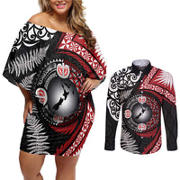 Tonga and New Zealand Together Couples Matching Off Shoulder Short Dress and Long Sleeve Button Shirt Ngatu Art Tribal Maori Tattoo and Silver Fern LT03 Black - Polynesian Pride