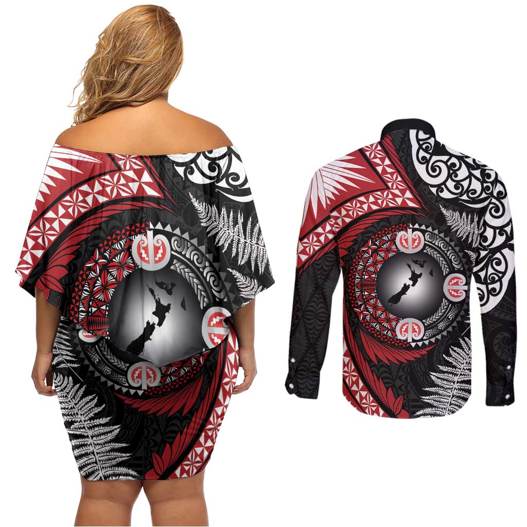 Tonga and New Zealand Together Couples Matching Off Shoulder Short Dress and Long Sleeve Button Shirt Ngatu Art Tribal Maori Tattoo and Silver Fern LT03 - Polynesian Pride