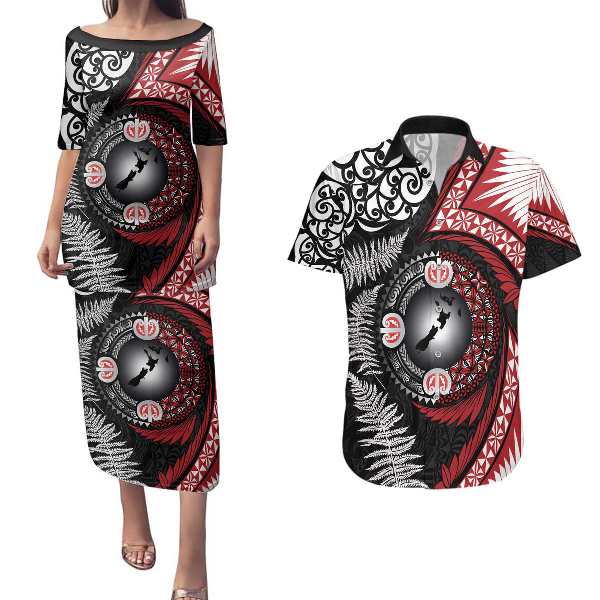 Tonga and New Zealand Together Couples Matching Puletasi and Hawaiian Shirt Ngatu Art Tribal Maori Tattoo and Silver Fern LT03 Black - Polynesian Pride