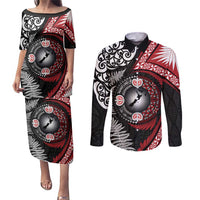 Tonga and New Zealand Together Couples Matching Puletasi and Long Sleeve Button Shirt Ngatu Art Tribal Maori Tattoo and Silver Fern LT03 Black - Polynesian Pride