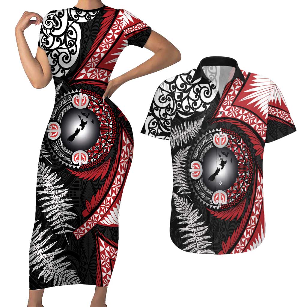 Tonga and New Zealand Together Couples Matching Short Sleeve Bodycon Dress and Hawaiian Shirt Ngatu Art Tribal Maori Tattoo and Silver Fern