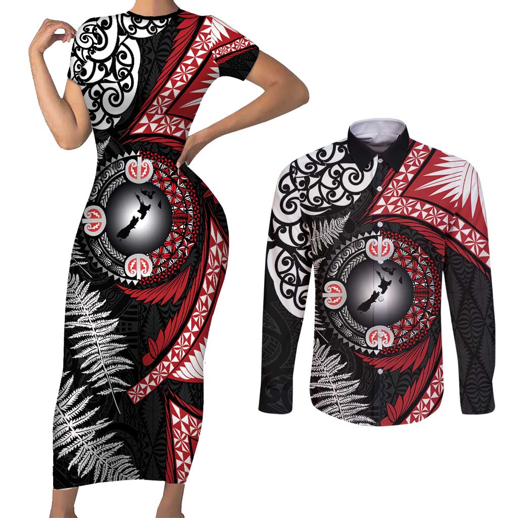 Tonga and New Zealand Together Couples Matching Short Sleeve Bodycon Dress and Long Sleeve Button Shirt Ngatu Art Tribal Maori Tattoo and Silver Fern LT03 Black - Polynesian Pride
