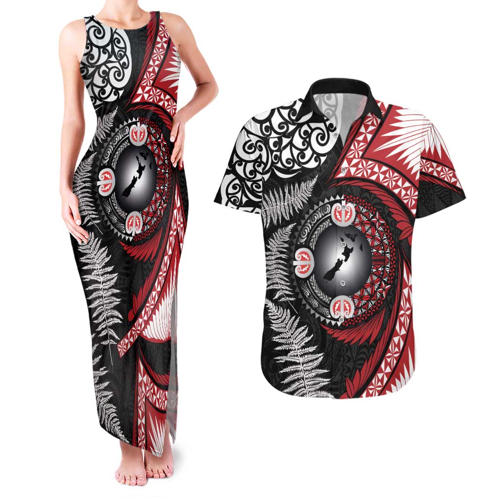 Tonga and New Zealand Together Couples Matching Tank Maxi Dress and Hawaiian Shirt Ngatu Art Tribal Maori Tattoo and Silver Fern