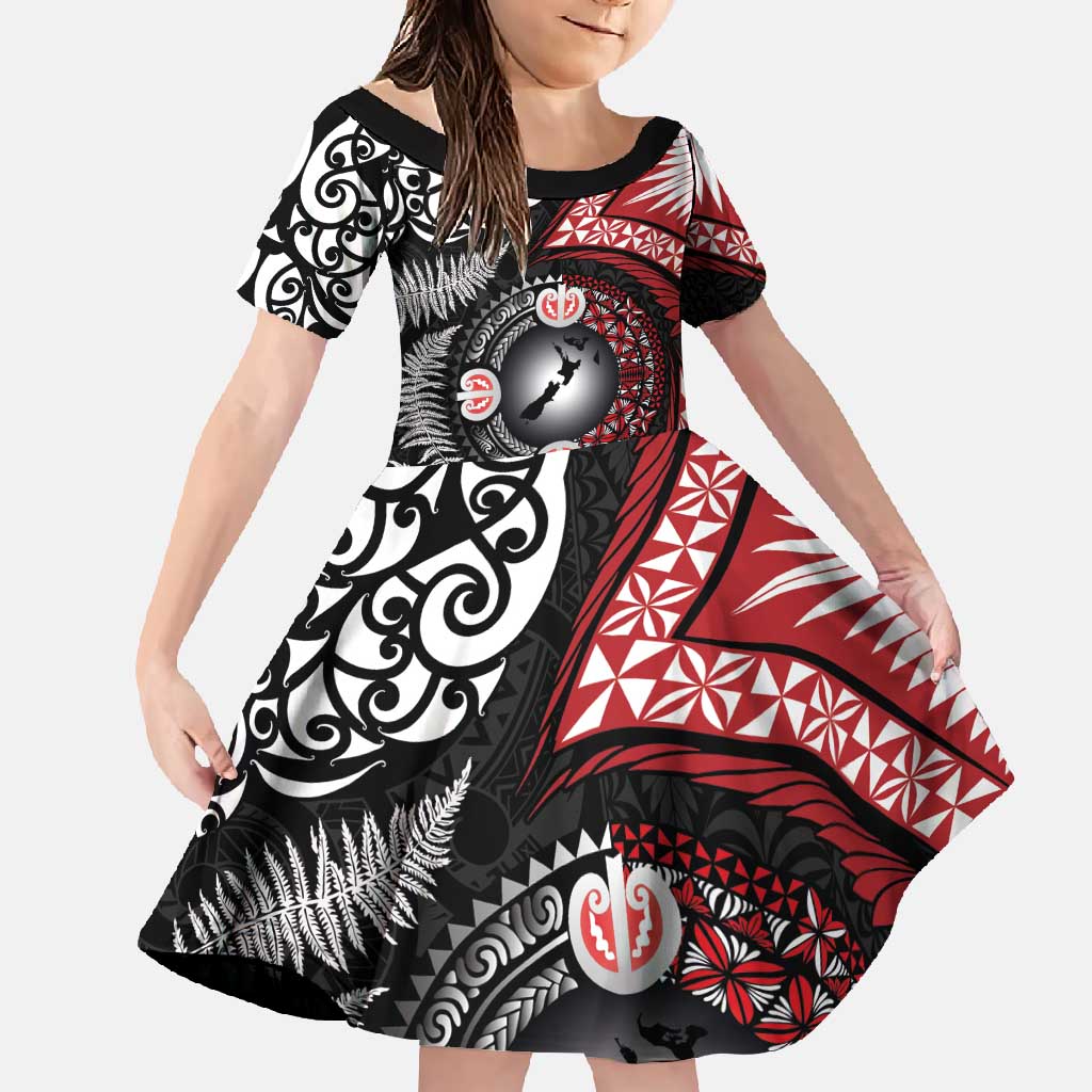 Tonga and New Zealand Together Family Matching Long Sleeve Bodycon Dress and Hawaiian Shirt Ngatu Art Tribal Maori Tattoo and Silver Fern LT03 Daughter's Dress Black - Polynesian Pride