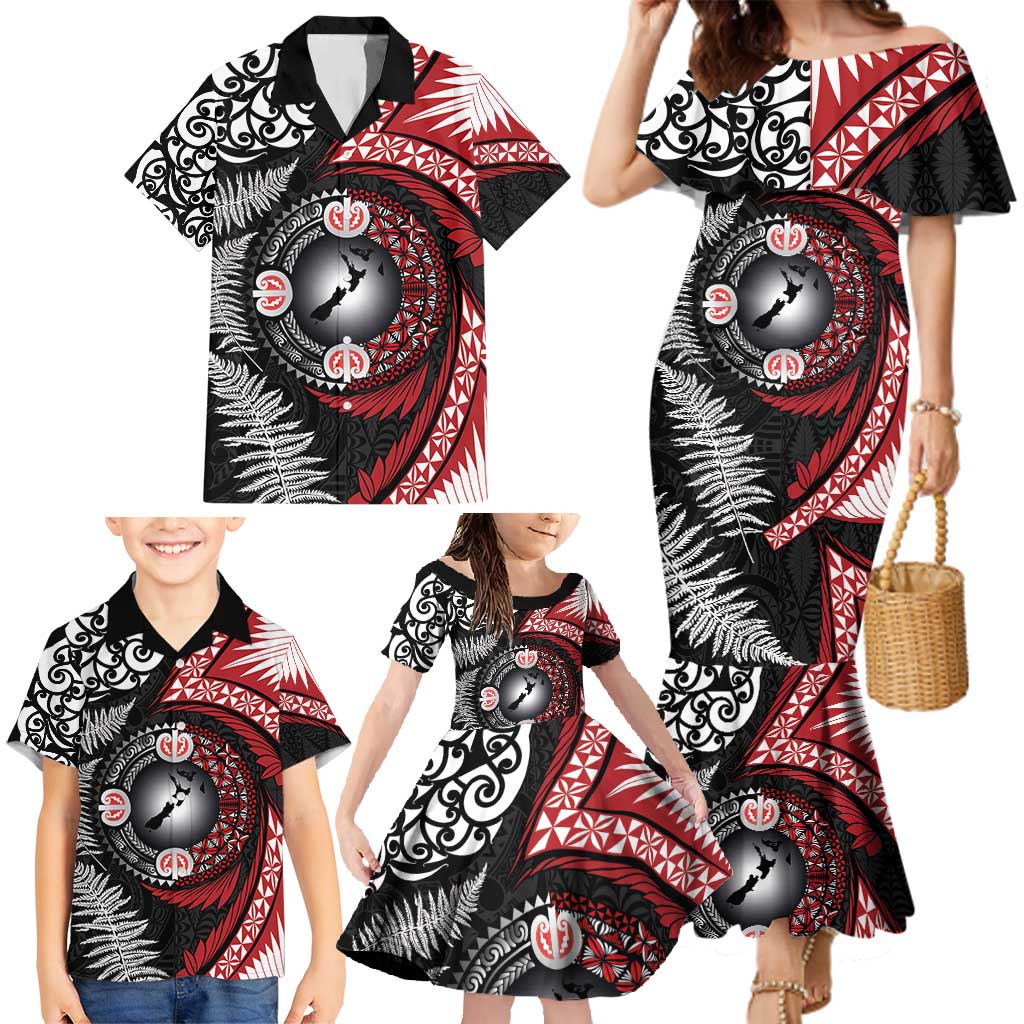 Tonga and New Zealand Together Family Matching Mermaid Dress and Hawaiian Shirt Ngatu Art Tribal Maori Tattoo and Silver Fern LT03 - Polynesian Pride