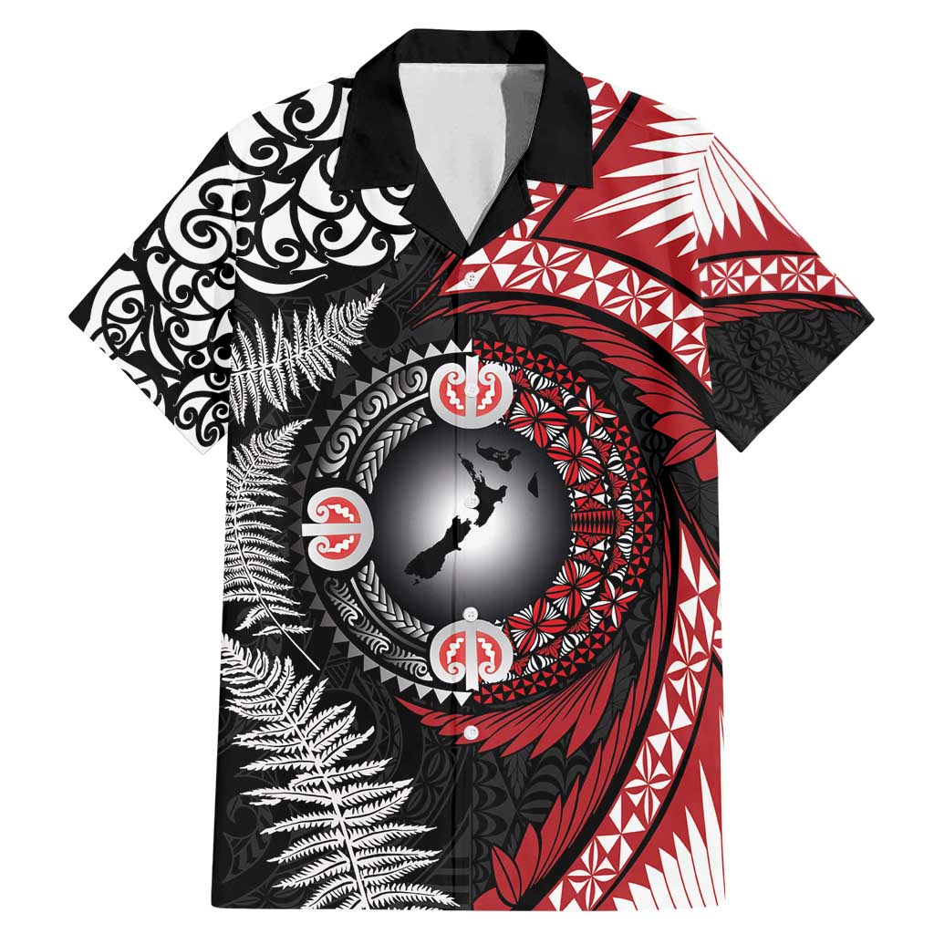 Tonga and New Zealand Together Family Matching Mermaid Dress and Hawaiian Shirt Ngatu Art Tribal Maori Tattoo and Silver Fern LT03 Dad's Shirt - Short Sleeve Black - Polynesian Pride