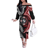 Tonga and New Zealand Together Family Matching Off The Shoulder Long Sleeve Dress and Hawaiian Shirt Ngatu Art Tribal Maori Tattoo and Silver Fern LT03 Mom's Dress Black - Polynesian Pride