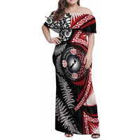 Tonga and New Zealand Together Family Matching Off Shoulder Maxi Dress and Hawaiian Shirt Ngatu Art Tribal Maori Tattoo and Silver Fern LT03 Mom's Dress Black - Polynesian Pride