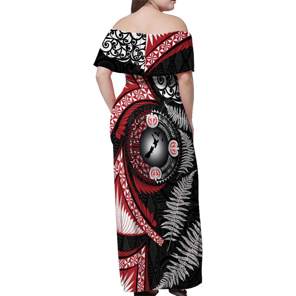 Tonga and New Zealand Together Family Matching Off Shoulder Maxi Dress and Hawaiian Shirt Ngatu Art Tribal Maori Tattoo and Silver Fern LT03 - Polynesian Pride
