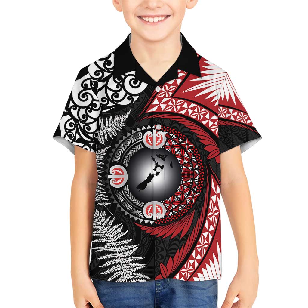 Tonga and New Zealand Together Family Matching Off Shoulder Maxi Dress and Hawaiian Shirt Ngatu Art Tribal Maori Tattoo and Silver Fern LT03 Son's Shirt Black - Polynesian Pride