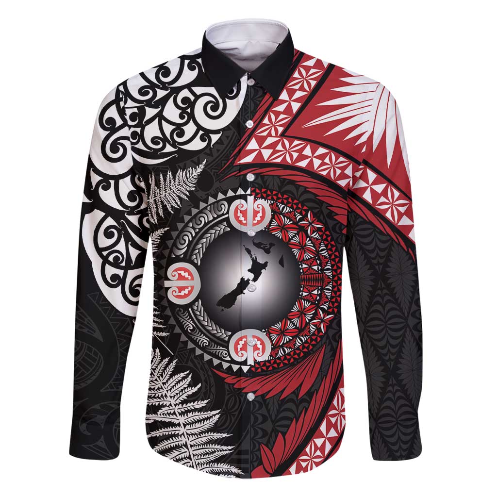 Tonga and New Zealand Together Family Matching Off Shoulder Short Dress and Hawaiian Shirt Ngatu Art Tribal Maori Tattoo and Silver Fern LT03 Dad's Shirt - Long Sleeve Black - Polynesian Pride
