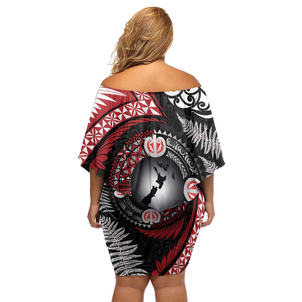 Tonga and New Zealand Together Family Matching Off Shoulder Short Dress and Hawaiian Shirt Ngatu Art Tribal Maori Tattoo and Silver Fern LT03 - Polynesian Pride