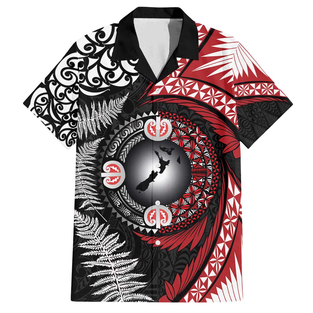 Tonga and New Zealand Together Family Matching Puletasi and Hawaiian Shirt Ngatu Art Tribal Maori Tattoo and Silver Fern LT03 Dad's Shirt - Short Sleeve Black - Polynesian Pride