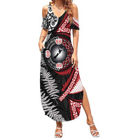Tonga and New Zealand Together Family Matching Summer Maxi Dress and Hawaiian Shirt Ngatu Art Tribal Maori Tattoo and Silver Fern LT03 Mom's Dress Black - Polynesian Pride