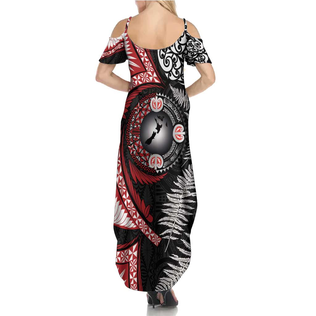 Tonga and New Zealand Together Family Matching Summer Maxi Dress and Hawaiian Shirt Ngatu Art Tribal Maori Tattoo and Silver Fern LT03 - Polynesian Pride