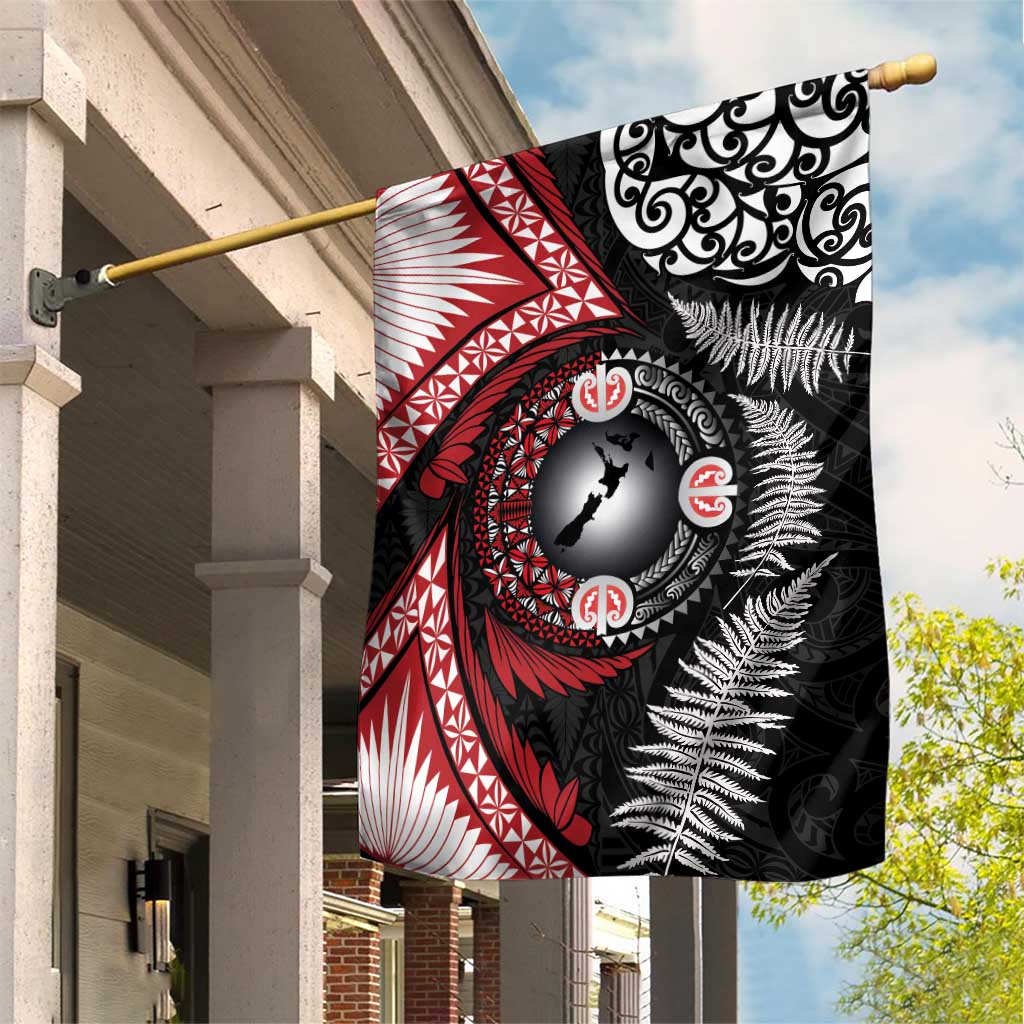 Tonga and New Zealand Together Garden Flag Ngatu Art Tribal Maori Tattoo and Silver Fern LT03 House Flag Black - Polynesian Pride