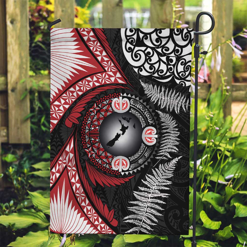 Tonga and New Zealand Together Garden Flag Ngatu Art Tribal Maori Tattoo and Silver Fern LT03 Garden Flag Black - Polynesian Pride