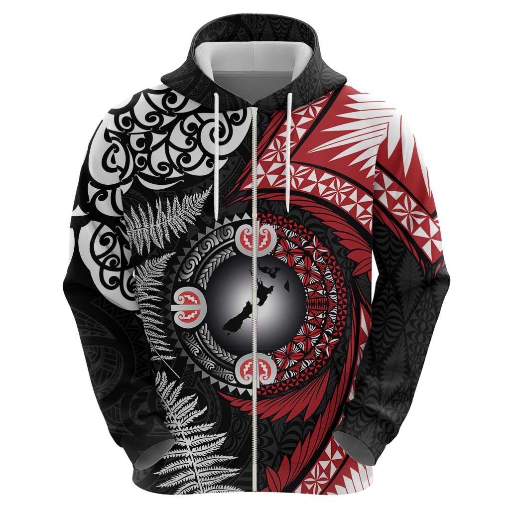 Tonga and New Zealand Together Hoodie Ngatu Art Tribal Maori Tattoo and Silver Fern