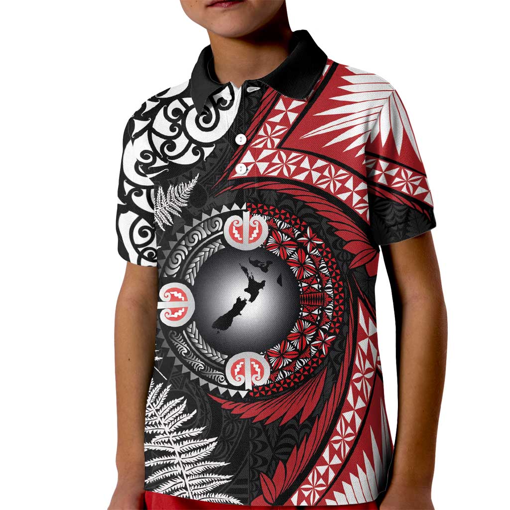 Tonga and New Zealand Together Kid Polo Shirt Ngatu Art Tribal Maori Tattoo and Silver Fern