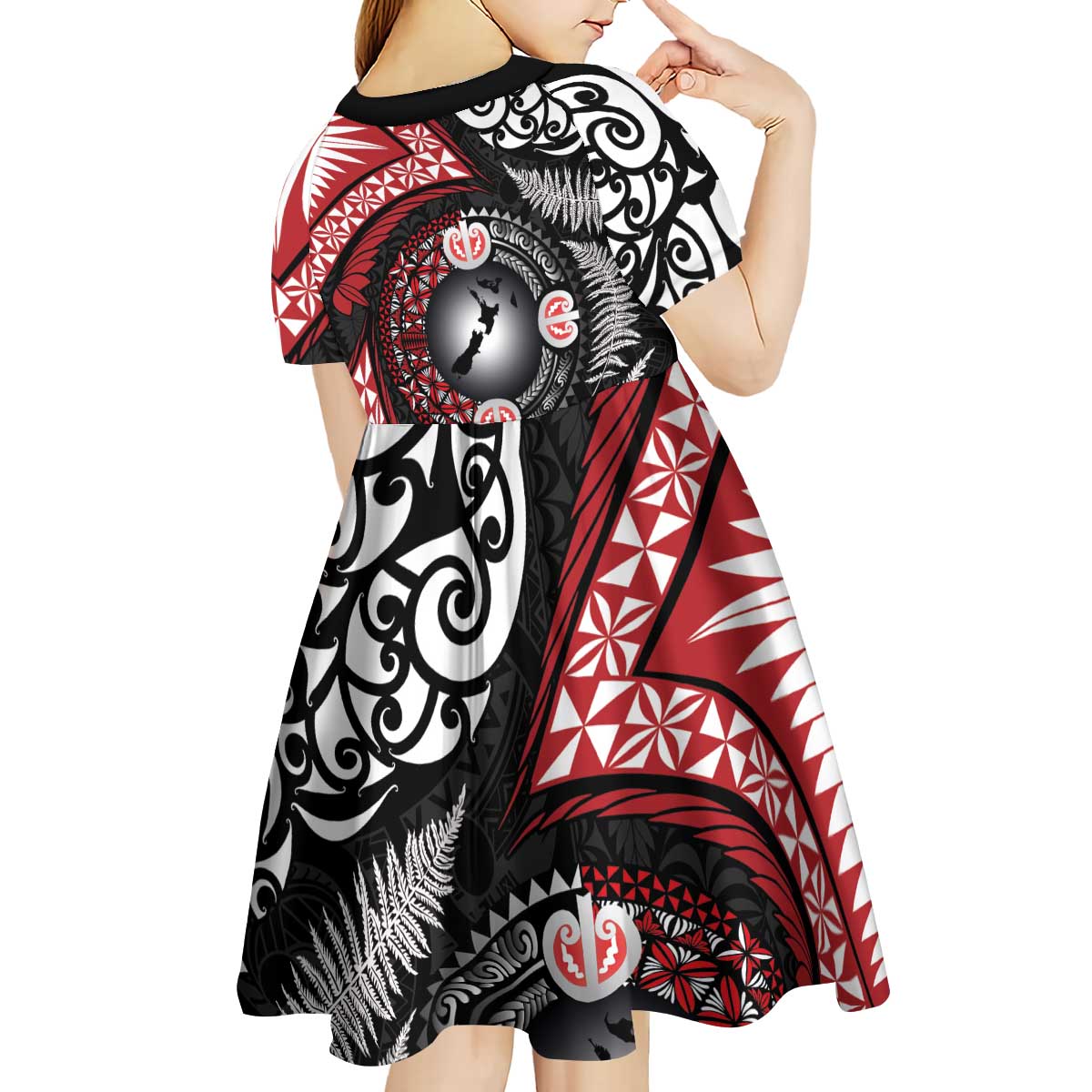 Tonga and New Zealand Together Kid Short Sleeve Dress Ngatu Art Tribal Maori Tattoo and Silver Fern LT03 - Polynesian Pride