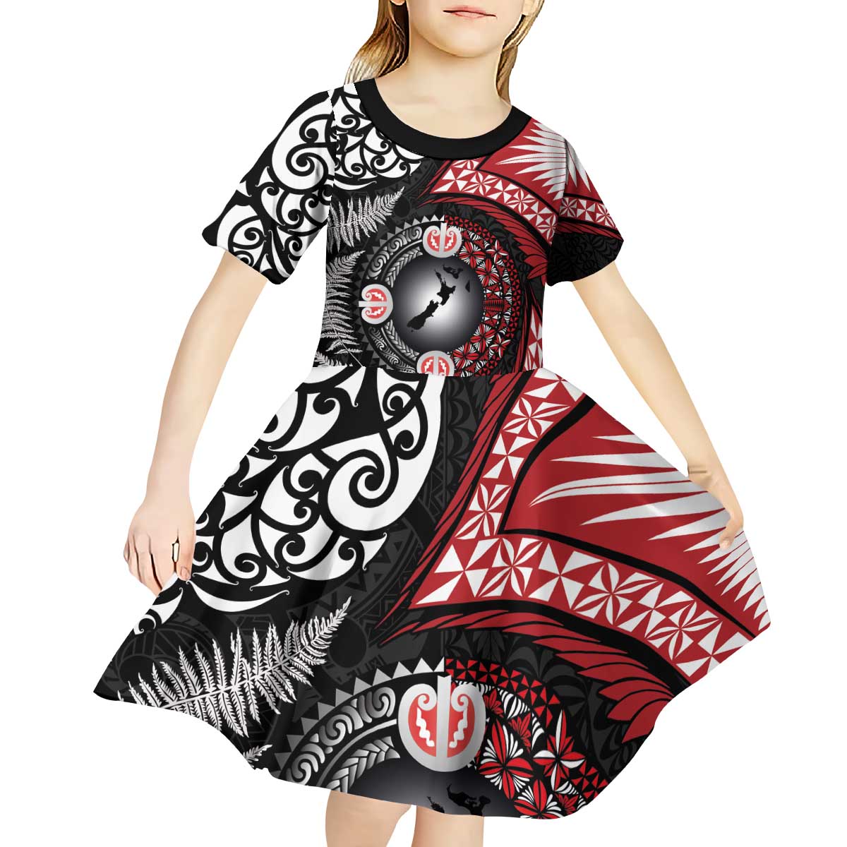Tonga and New Zealand Together Kid Short Sleeve Dress Ngatu Art Tribal Maori Tattoo and Silver Fern LT03 - Polynesian Pride